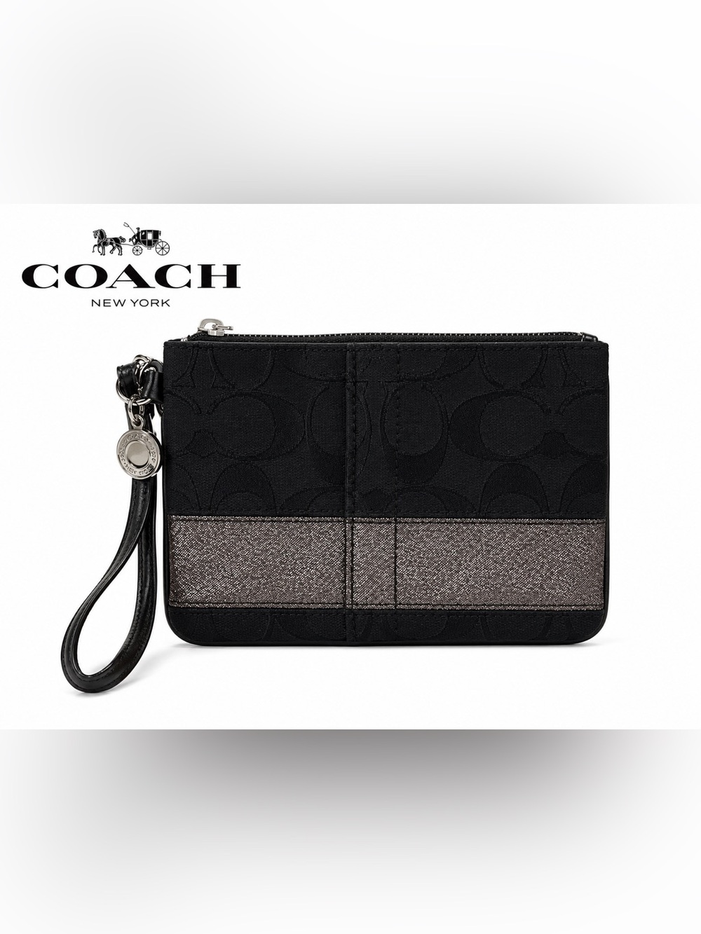 Coach Black Signature Wristlet Wallet Metallic Stripe Zip Pouch